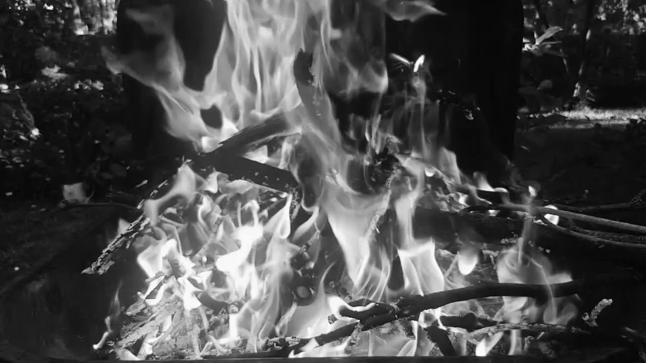 Small campfire grill slow motion monochrome