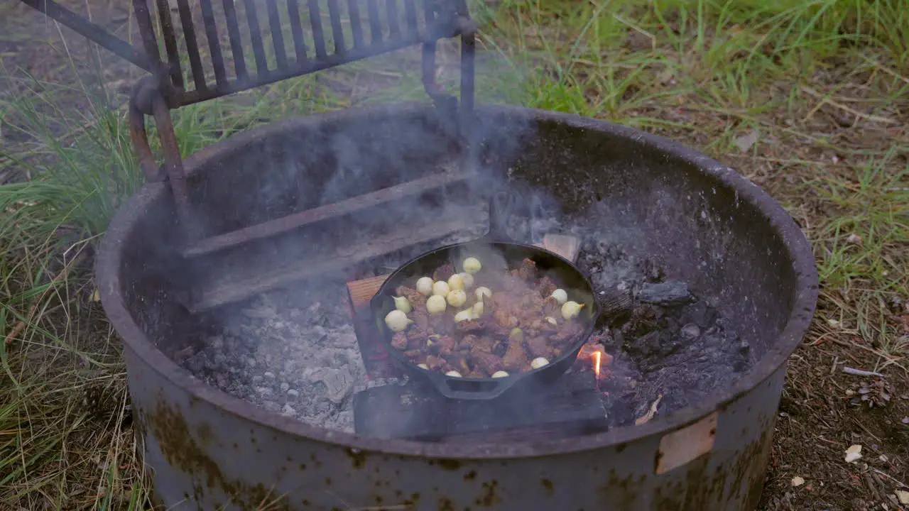 Cooking camping meal of meat and onions in cast iron over camp fire