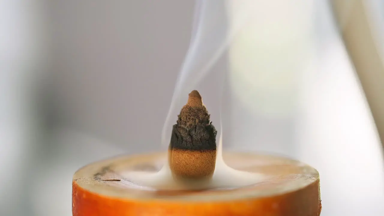 Close-Up of Flower Bud-Shaped Agarwood Incense Burning Unveiling a Delicate Dance of Gentle Smoke