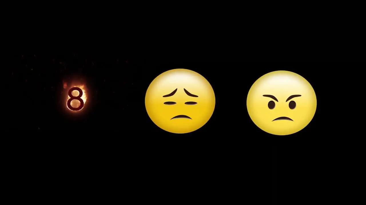 Digital animation of sad angry face emoji and number eight on fire icon on black background