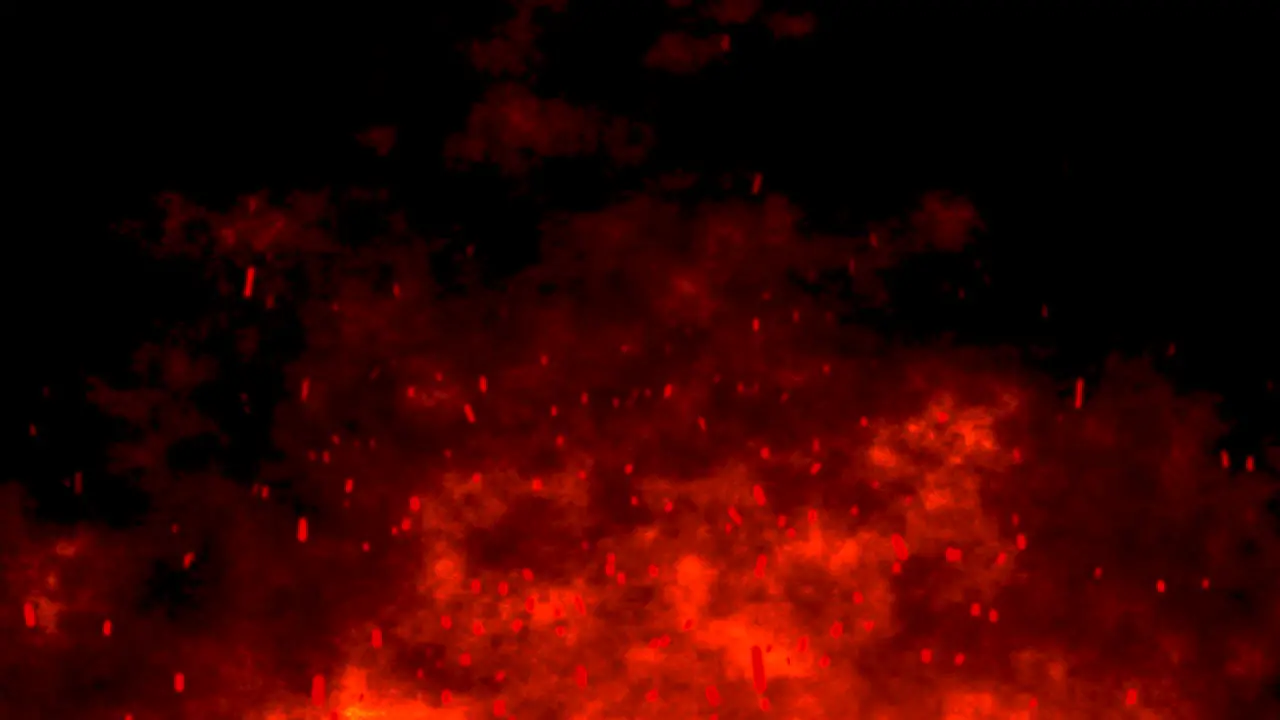 3D animation motion flames fiery hot ember sparks firework glow flying burning particles on black background visual effect 4K red lava