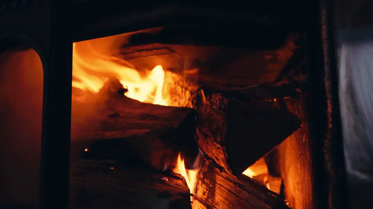 Close Up Of Firewood Burning In The Fireplace Man Putting Firewood