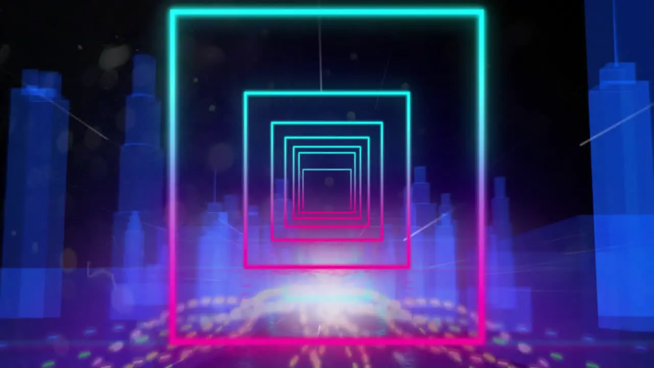 Animation of neon squares and neon cityscape