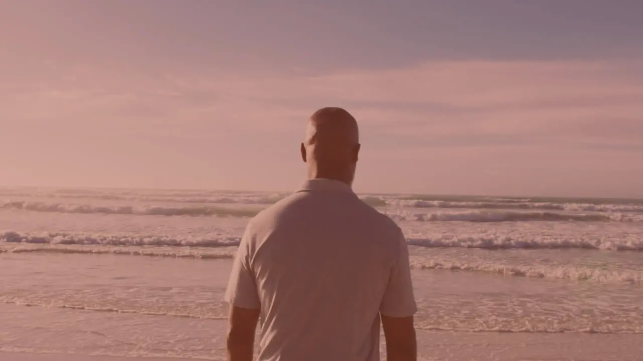 Rear view of african american senior man walking at the beach