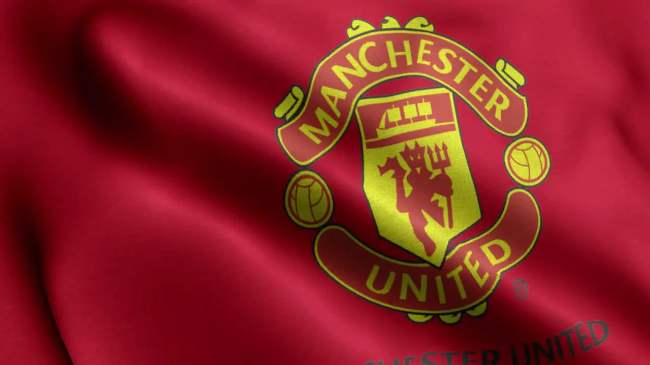 4k closeup animated loop of a waving flag of the Premier League football-soccer Manchester United team in the UK