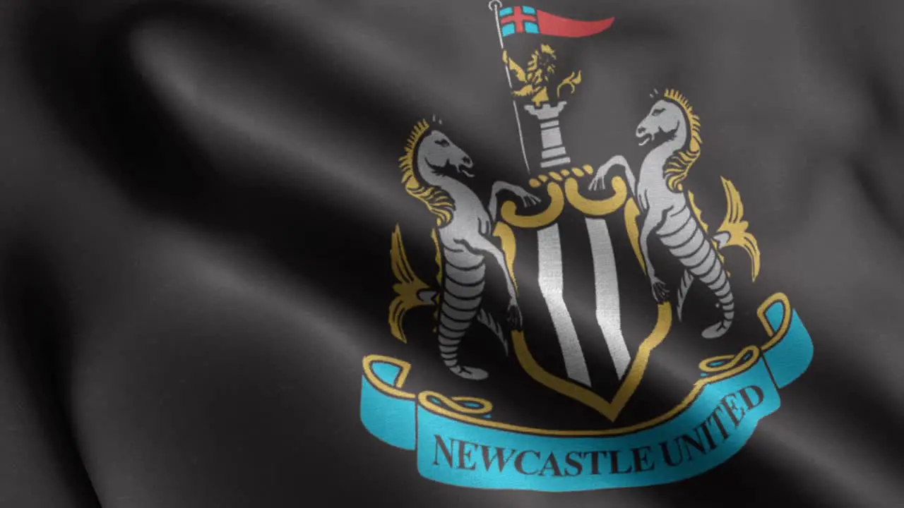 4k closeup animated loop of a waving flag of the Premier League football-soccer Newcastle team in the UK