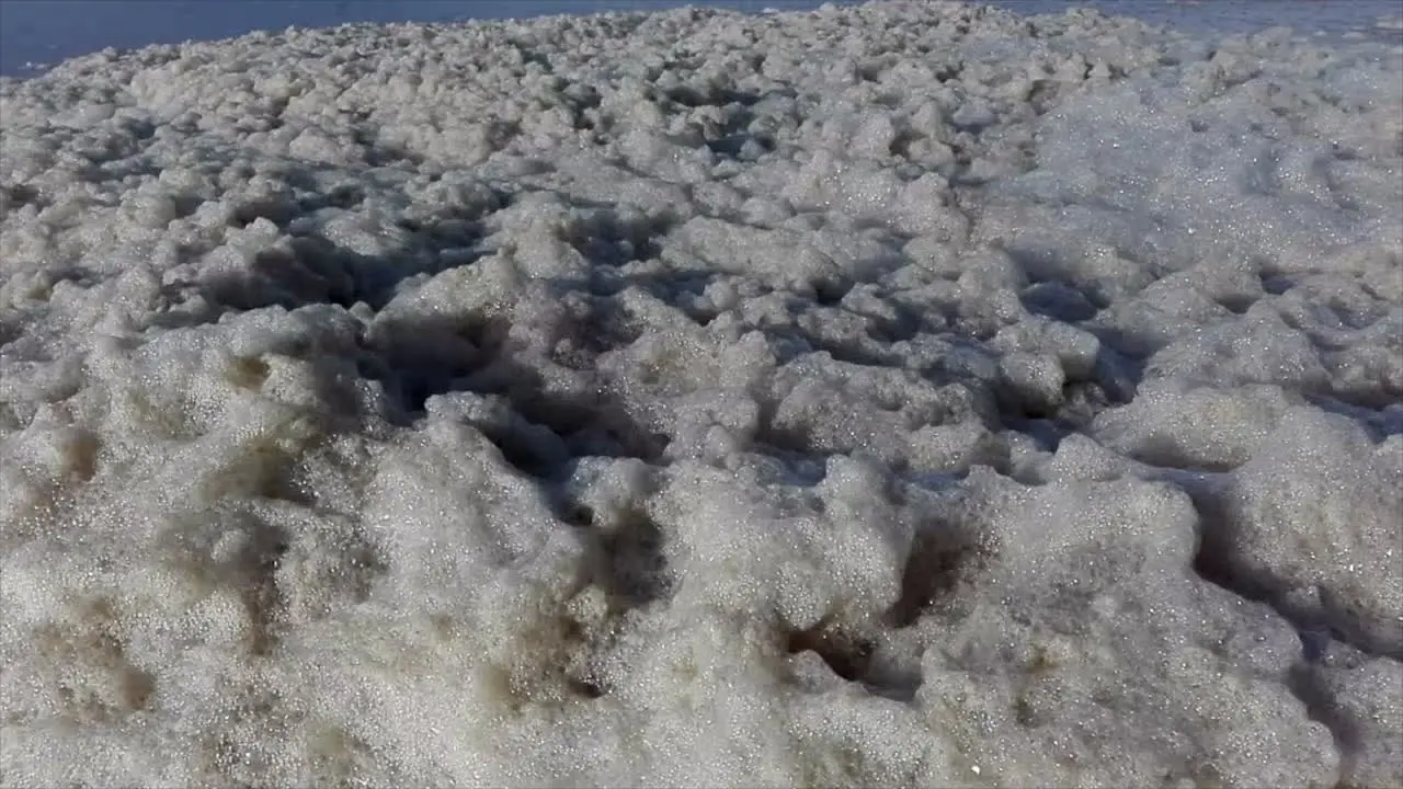 A large layer of sea foam moves with the wind