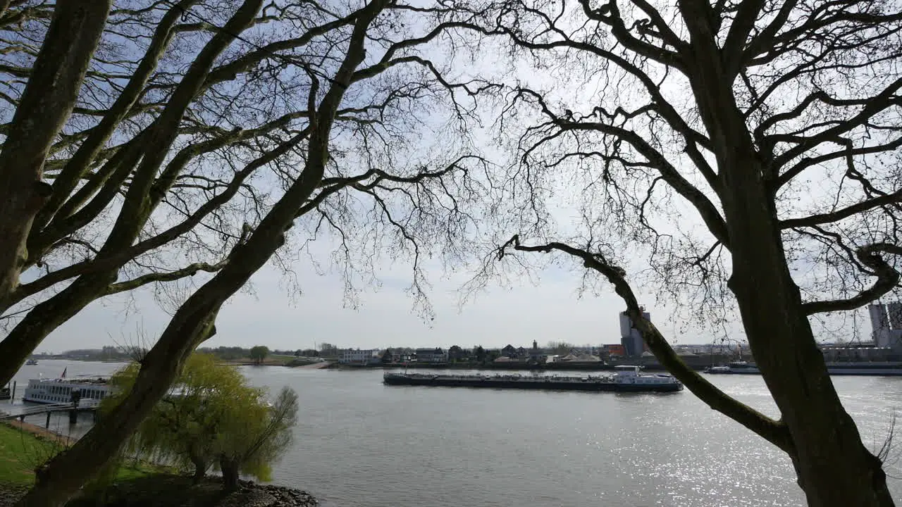 Netherlands Barge Appears Between Trees On The Lek River