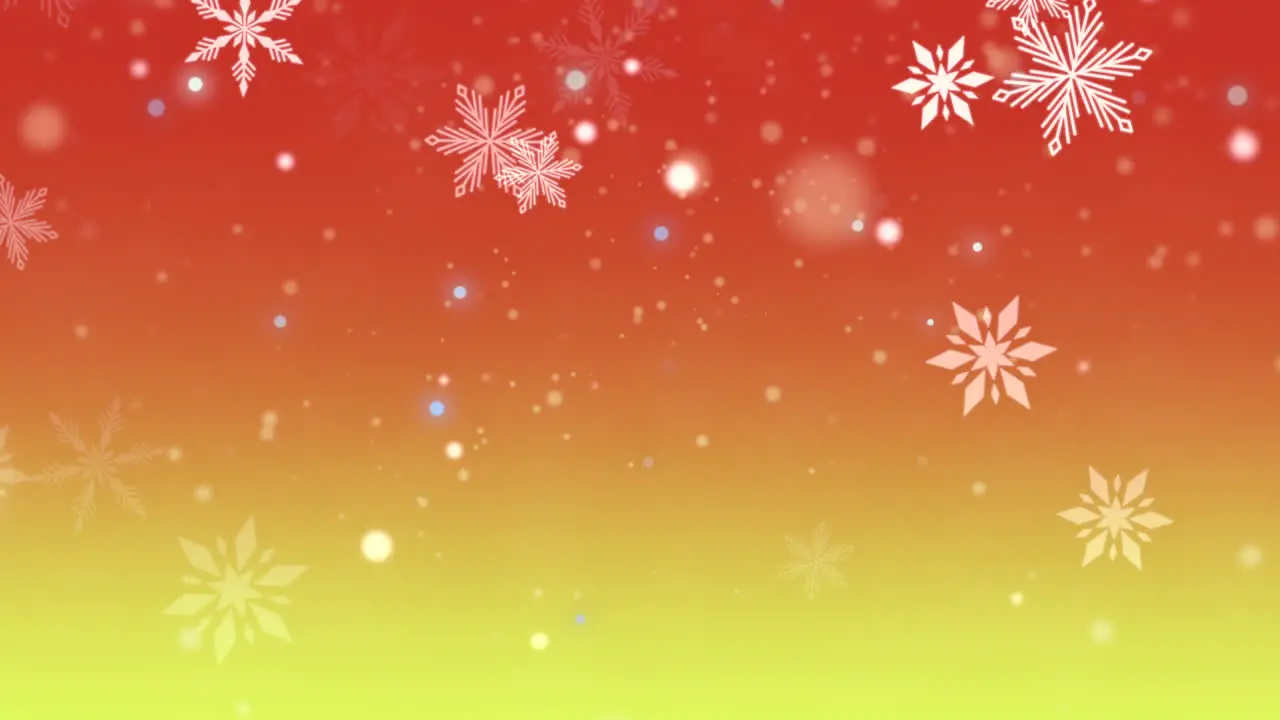 Winter wonderland red and yellow background with falling snowflakes