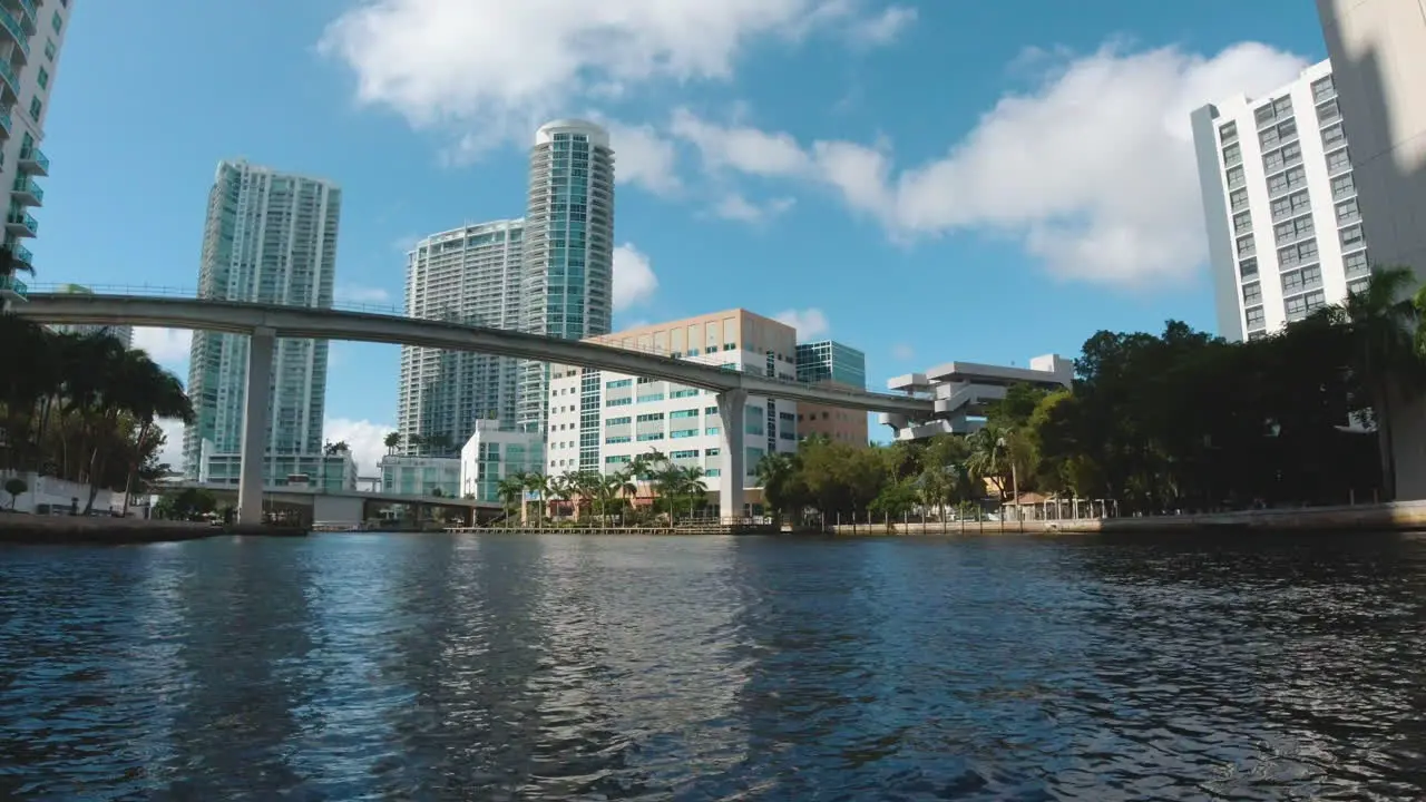 boat view entering Miami Florida city view approaching bridge