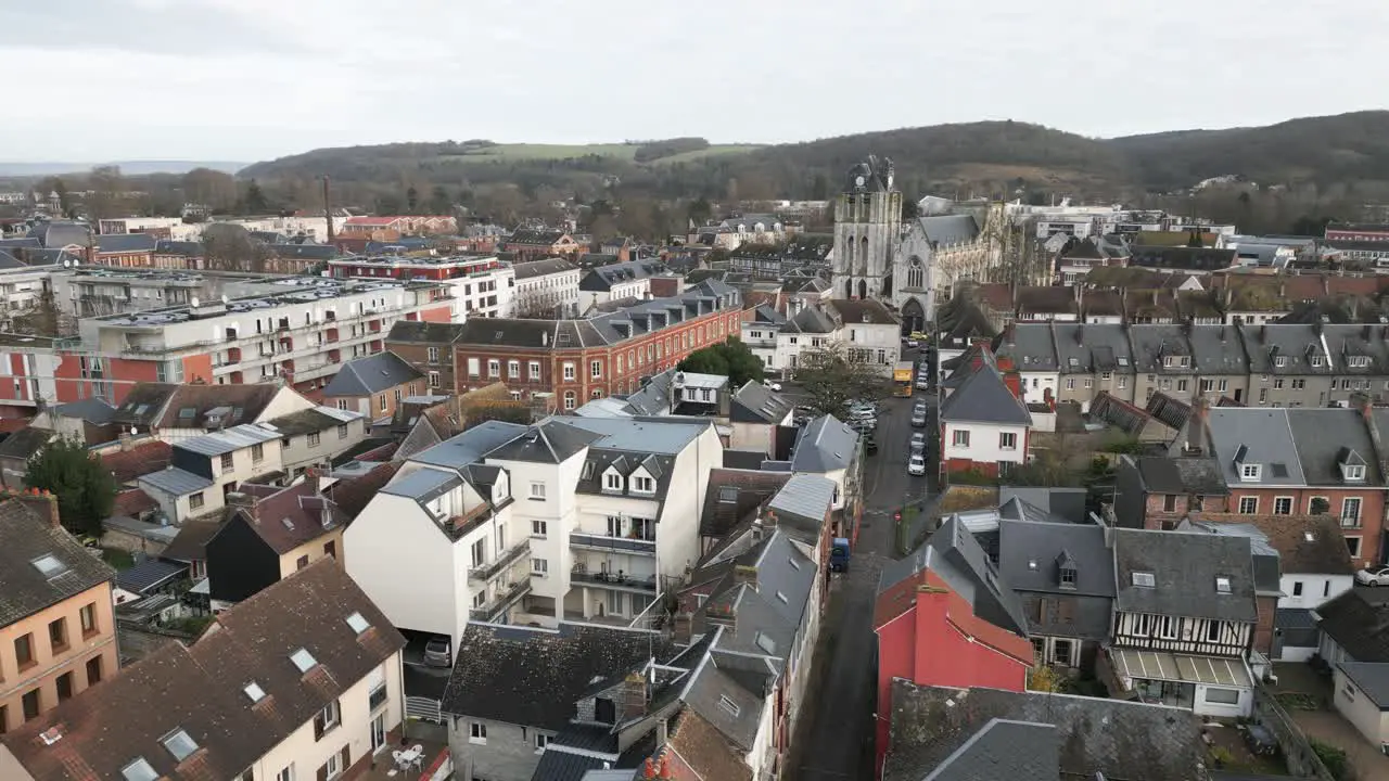 Aerial Drone View Small Town Louviers Normandy France on a Cloudy Day