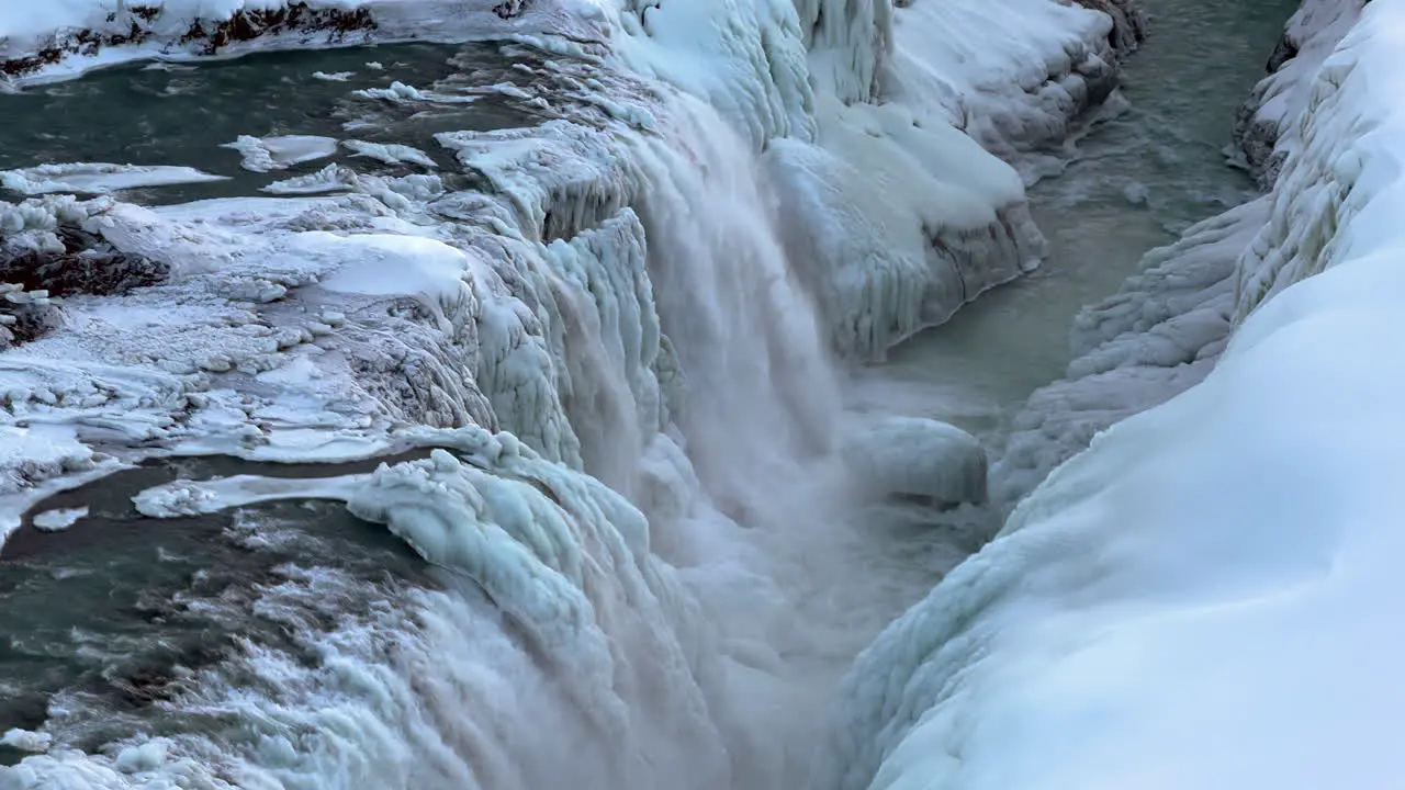 Gullfoss Waterfall in Winter Canyon of the Hvítá River Iceland Spectacular Water Flow Cascade Descending into the Gullfossgjúfur Canyon Surrounded by Snow Ice and Frozen Lands Glacial Landscape