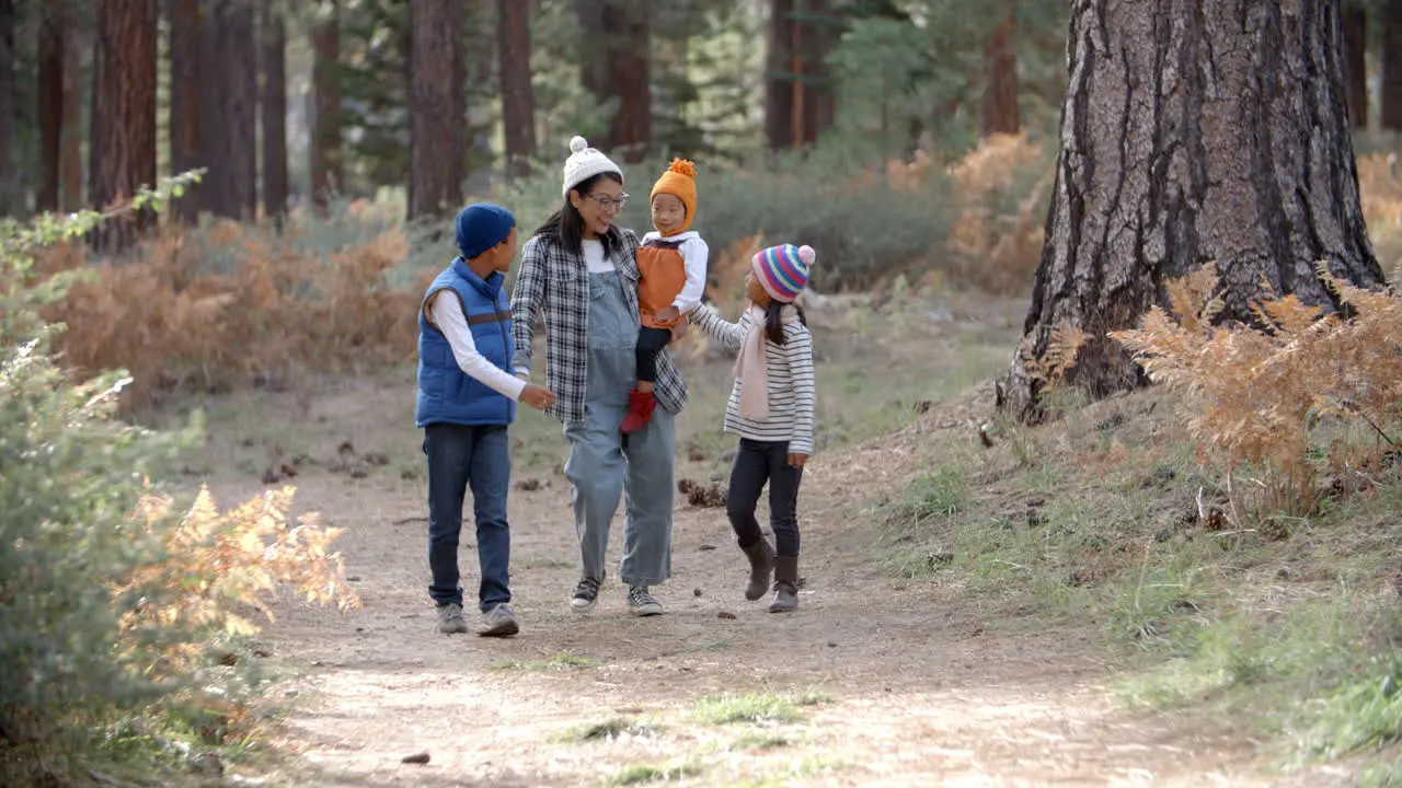 Asian mother with three children walking in a forest