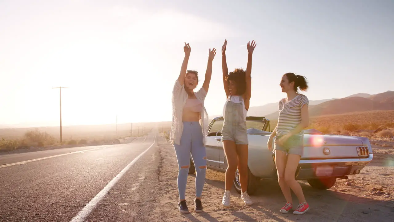 Girlfriends having fun during a break on their road trip