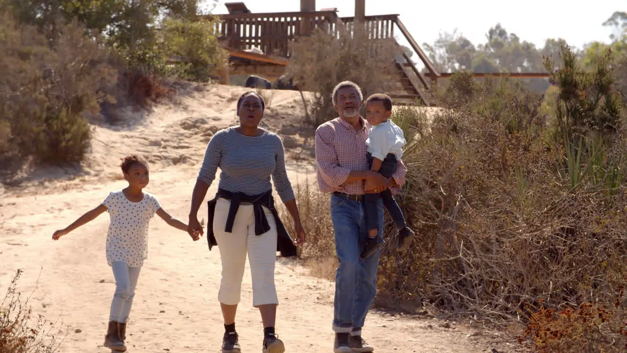 Black grandparents walking with grandchildren front view