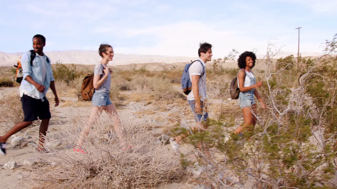 Five young adults hiking in Palm Springs desert side view