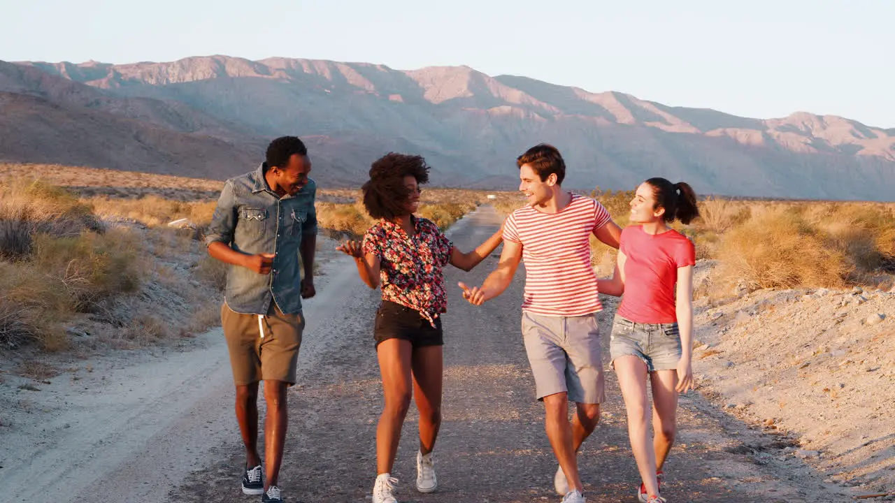 Two young adult couples walking together on a desert road