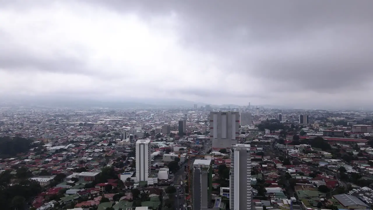 Drone shot of a storm over San Jose city in Costa Rica