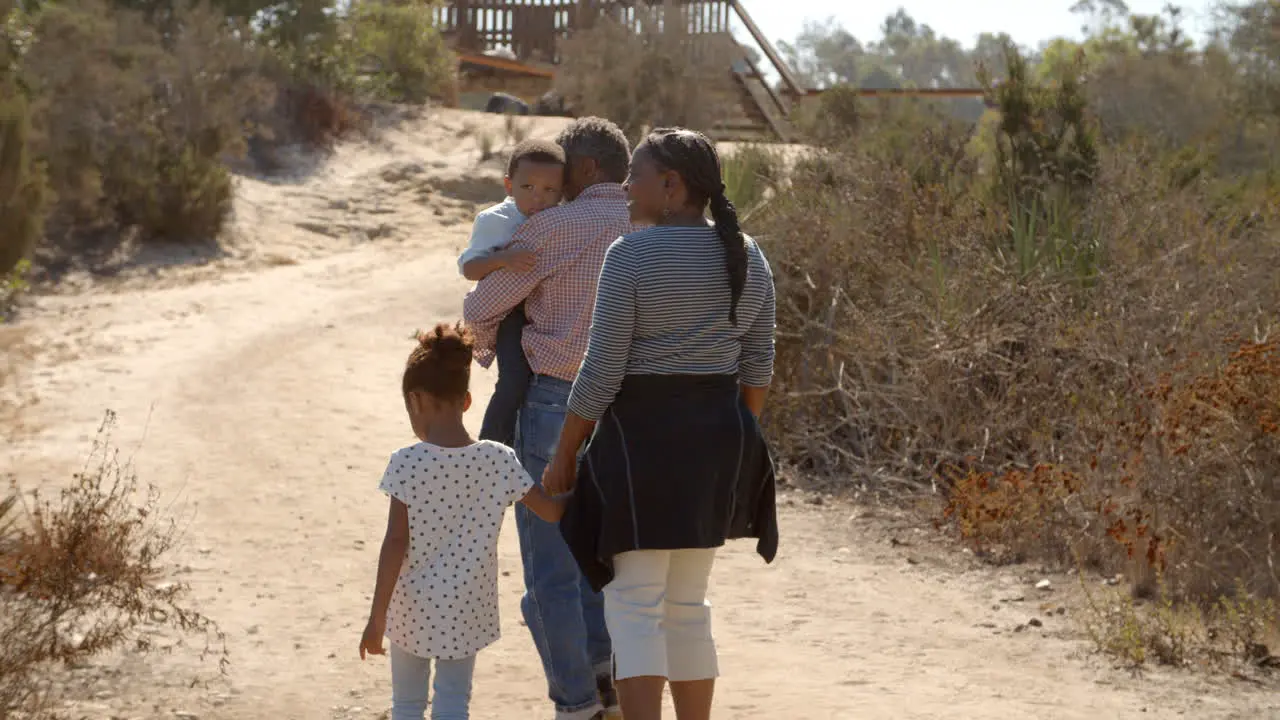 Grandparents and grandchildren talk while walking back view