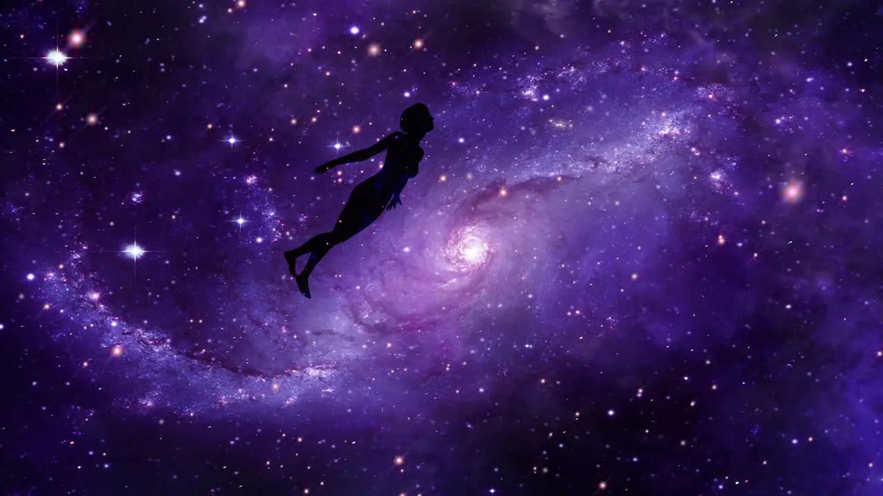 Video of silhouette of a person flying in space depicting a soul flying or having an astral projection