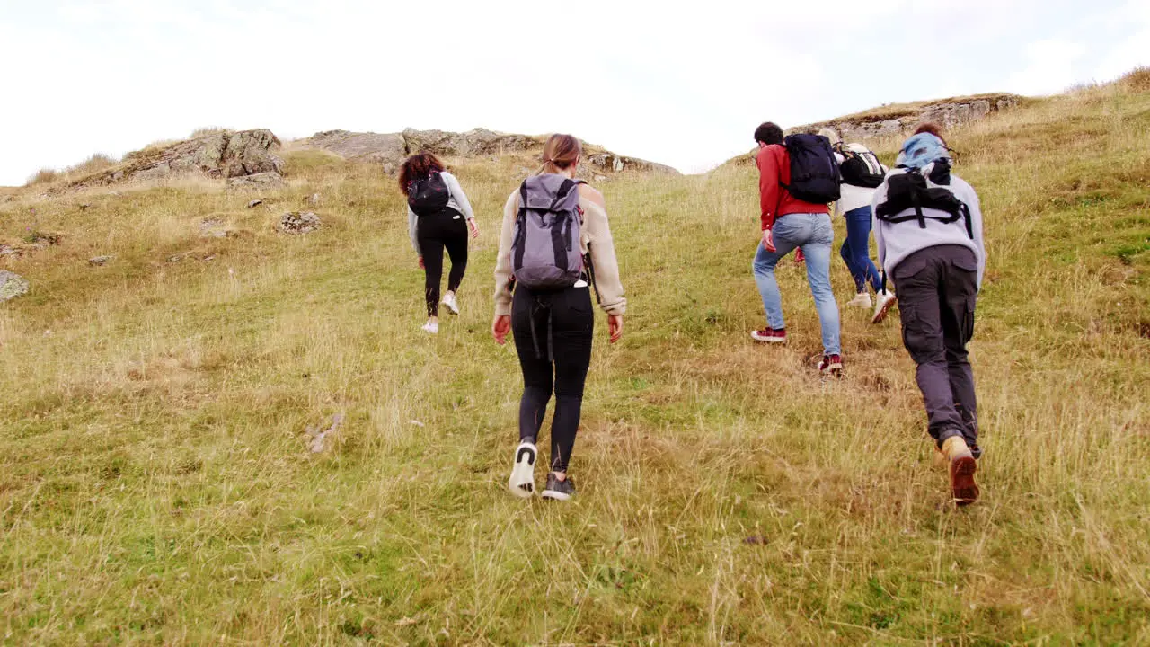 A multi ethnic group of young adult friends climbing a hill during a mountain hike back view