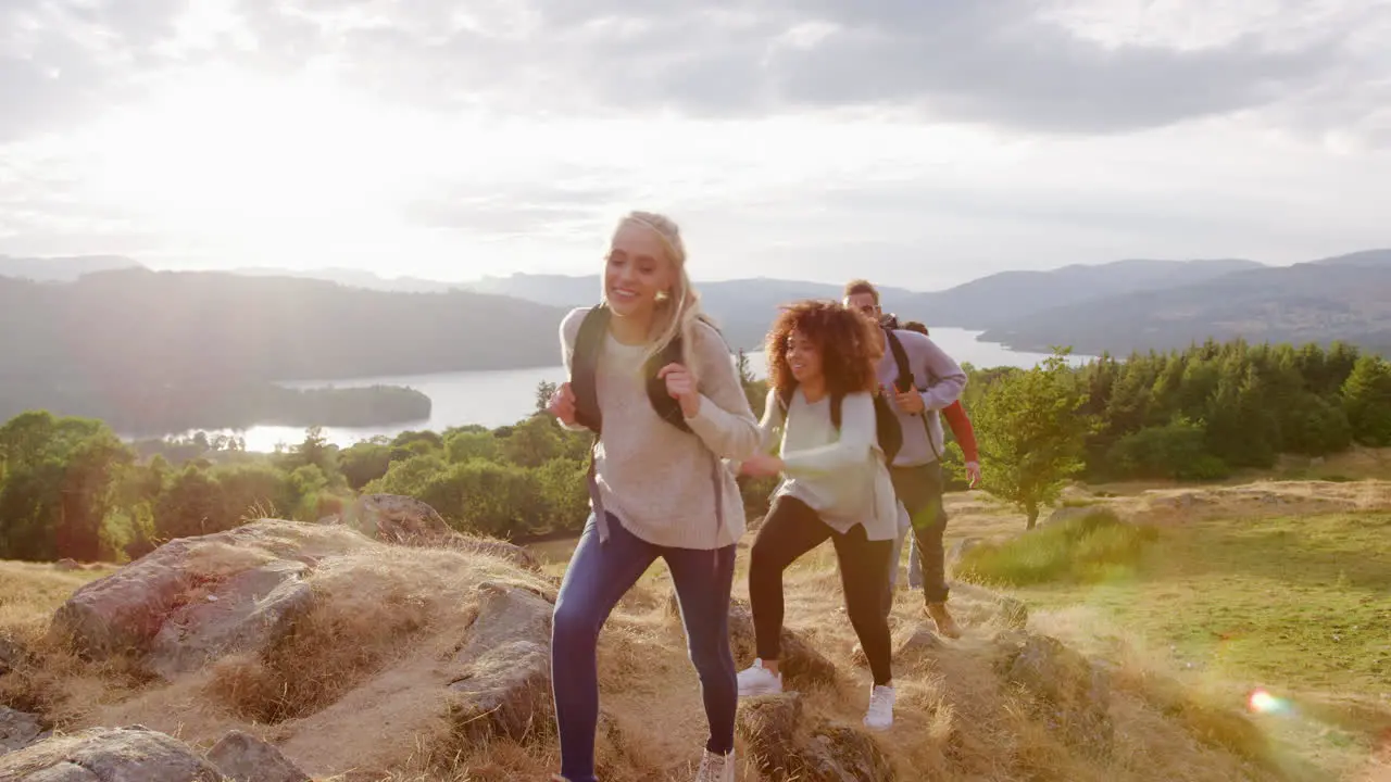 A multi ethnic group of five happy young adult friends reaching the summit during a mountain hike close up