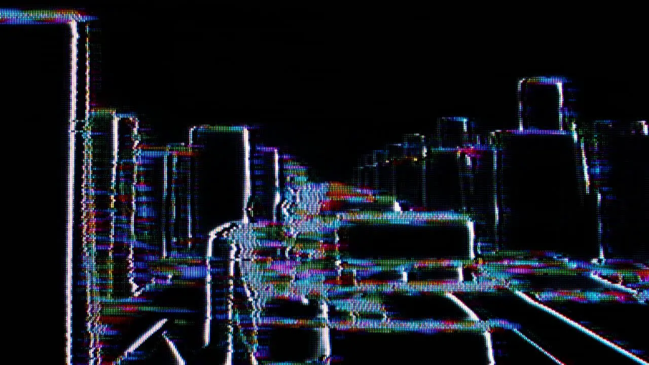 Moving through city animation retro feel and vibe with VHS artifacts and shades over layout black background for overlays artistic expression of urban life's dynamism