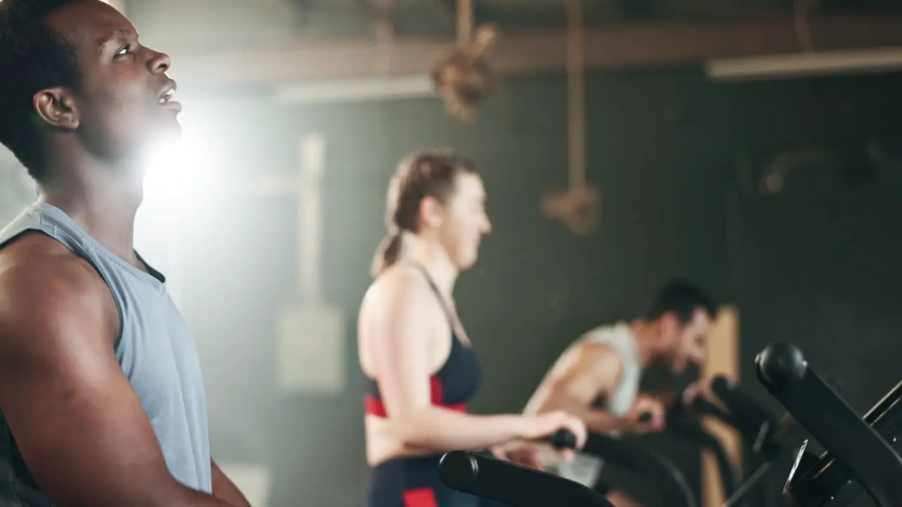 People diversity and cycling on bicycle at gym