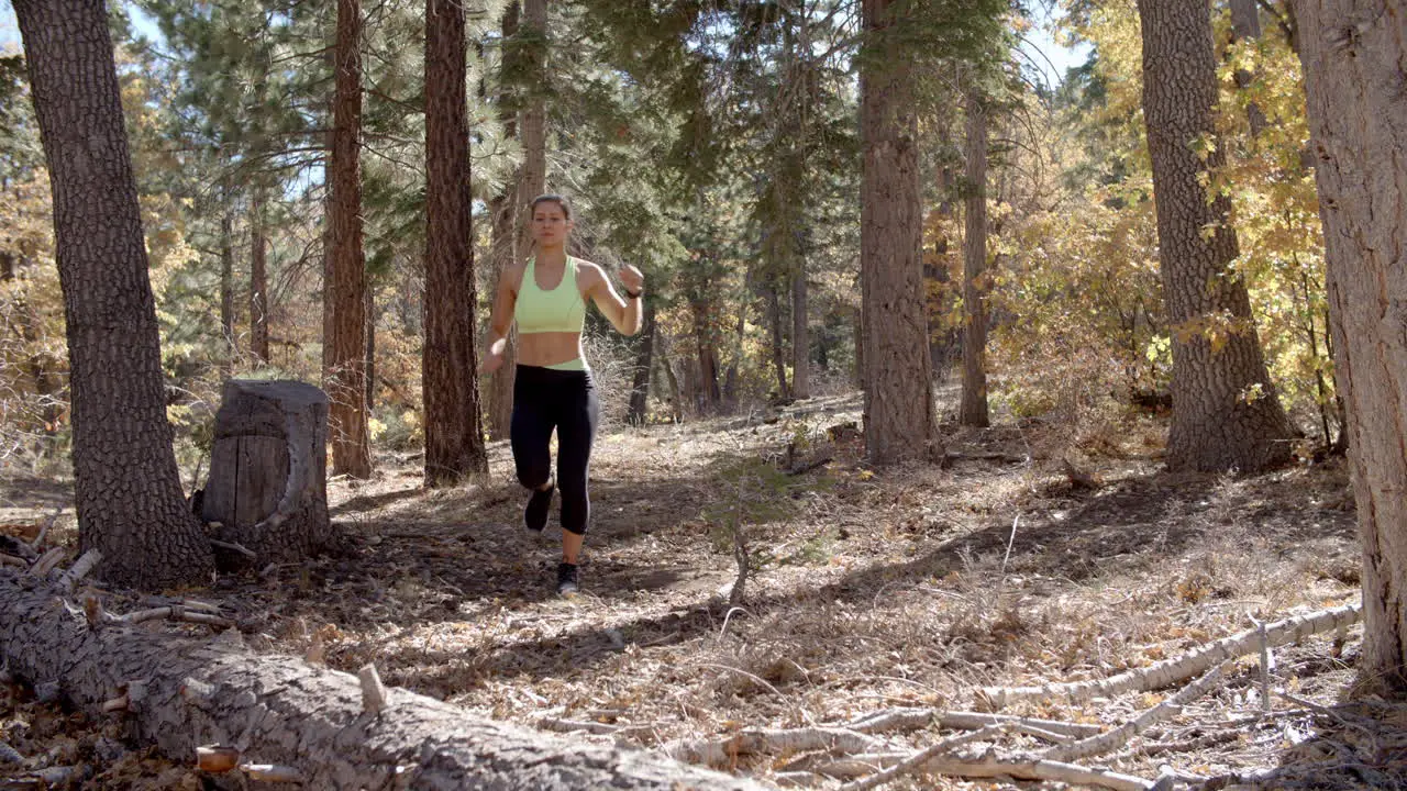 Low angle shot of young woman running in a forest