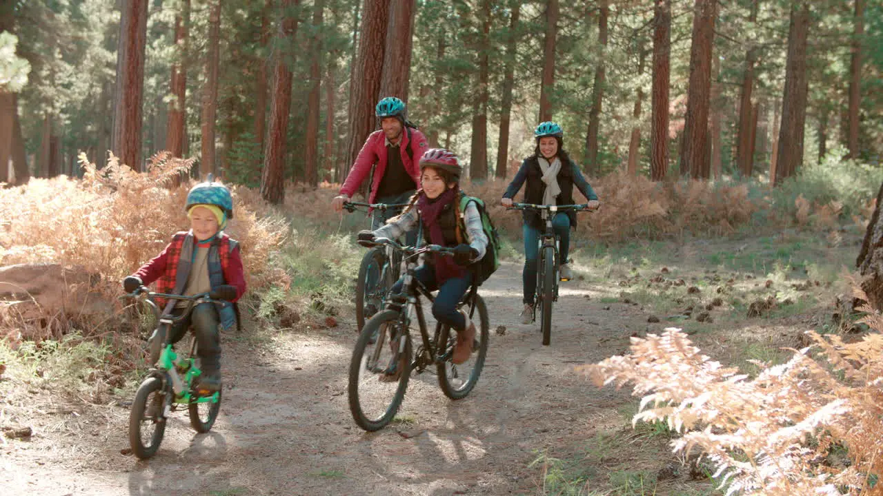 Parents with two kids cycling past on a forest path