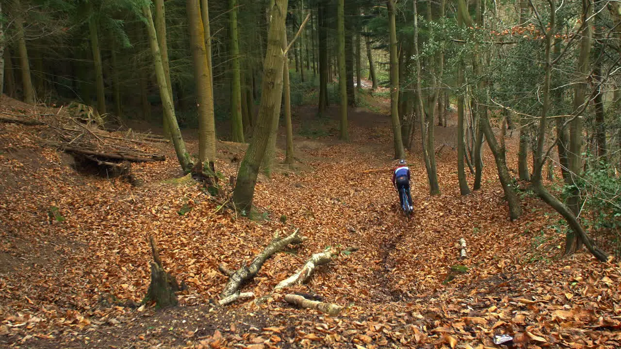 Young man cross-country cycling in forest elevated view shot on R3D