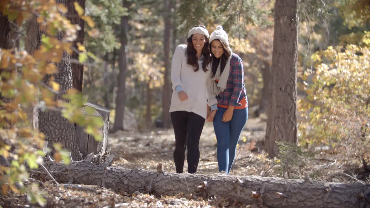 Lesbian couple enjoy a walk holding hands in a forest