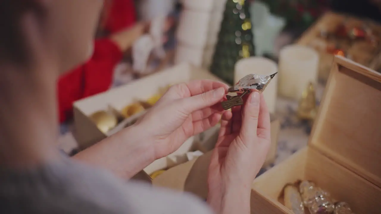 Woman with bird ornament at home