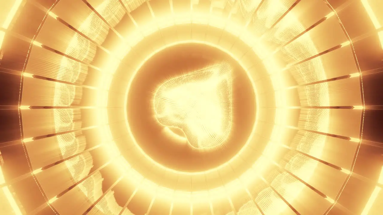 Golden heart rotating in opening circles rendered 3d graphic animation