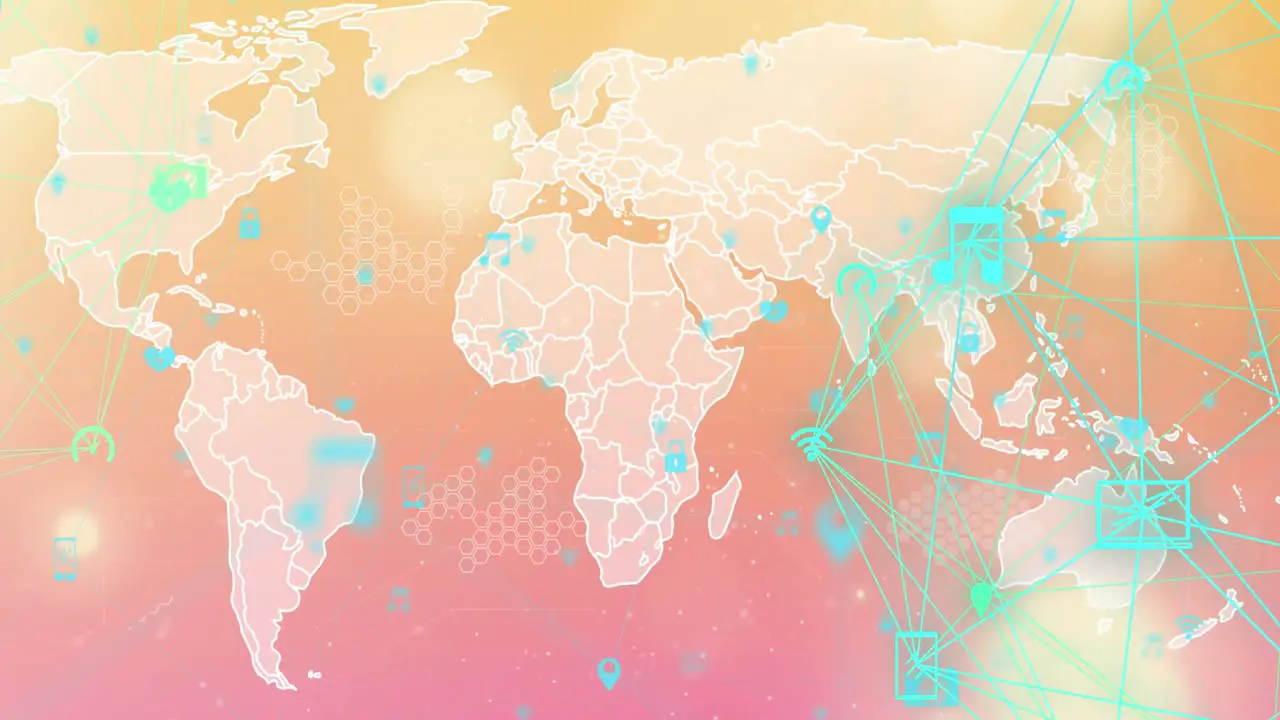 Animation of two globes of digital over world map against spots of light on orange background