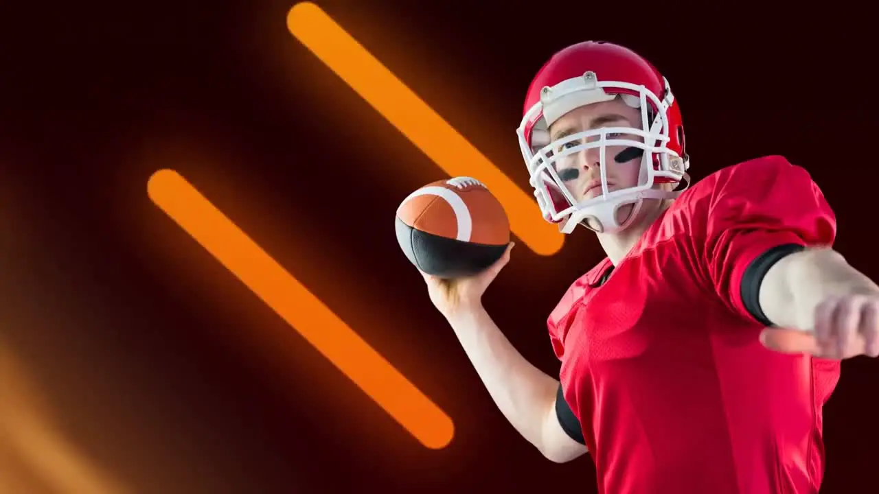 Animation of caucasian male rugby player throwing a ball and orange light trails in seamless pattern