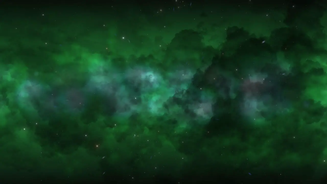 CGI universe zoom through of stars in striped green cloudy nebula in space wide view