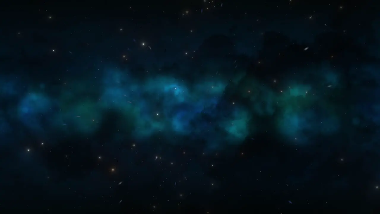 CGI universe zoom through of stars in striped blue cloudy nebula in space wide view