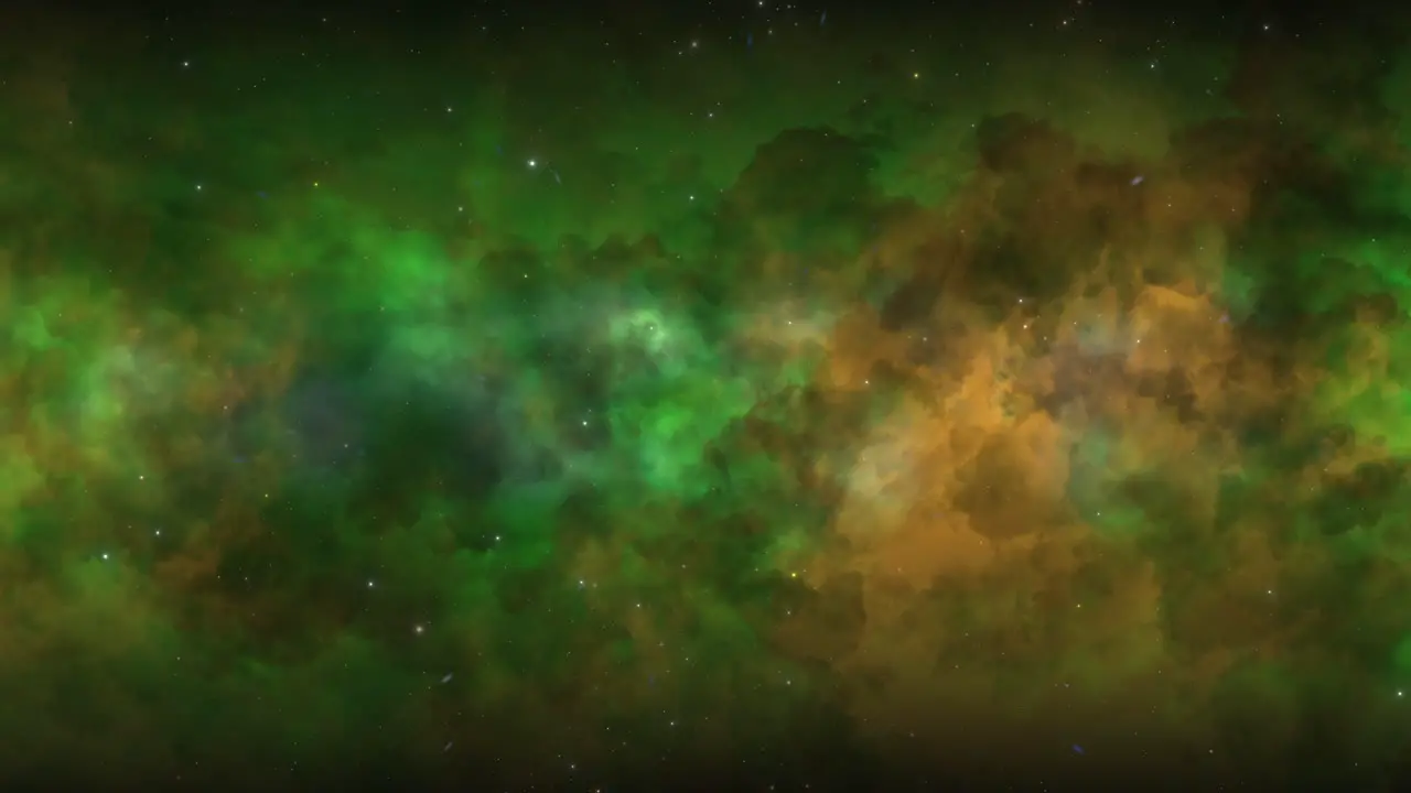 CGI universe zoom through of stars in striped orange green cloudy nebula in space wide view