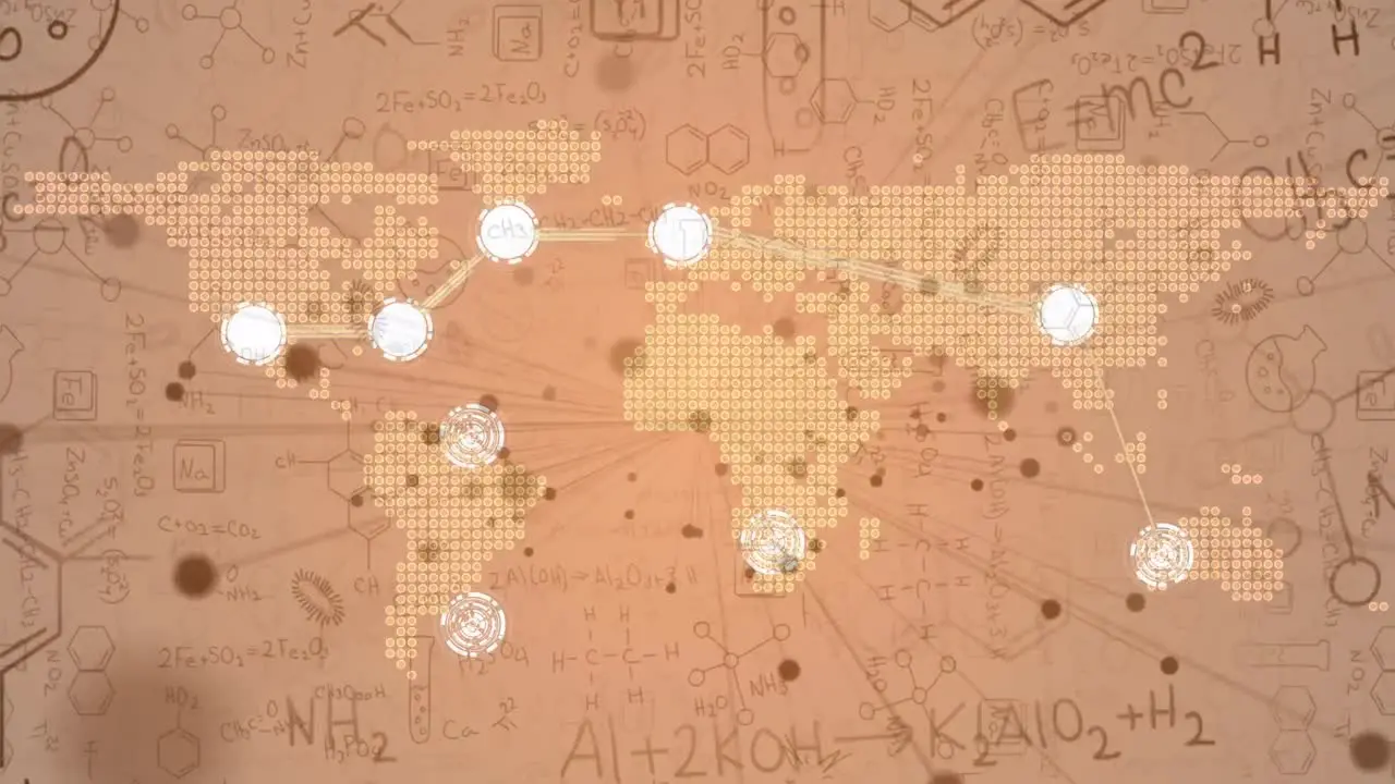 Animation of world map network of connections and mathematical equations on orange background