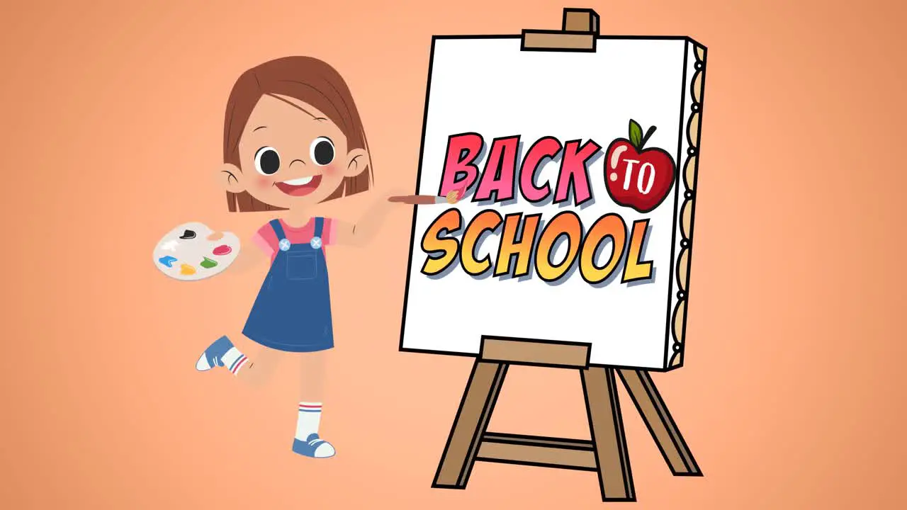 Animation of digital schoolgirl painting back to school text on easel on orange background