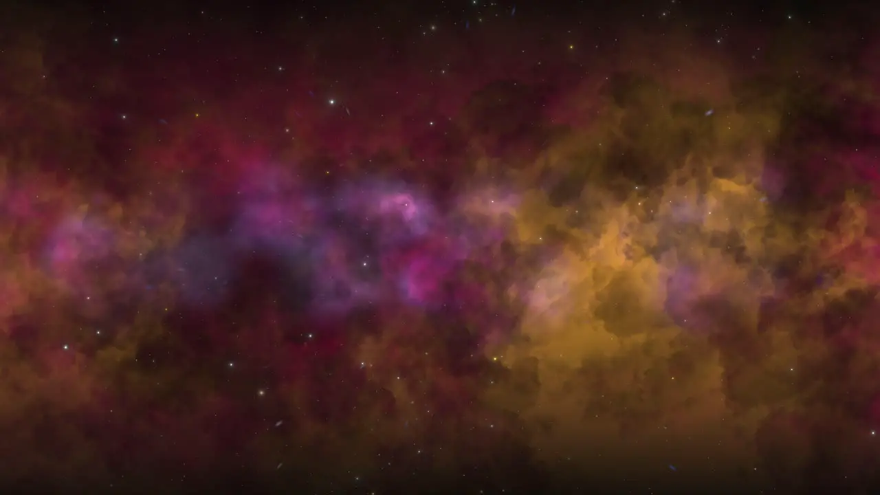 CGI universe zoom through of stars in striped orange purple red cloudy nebula in space wide view