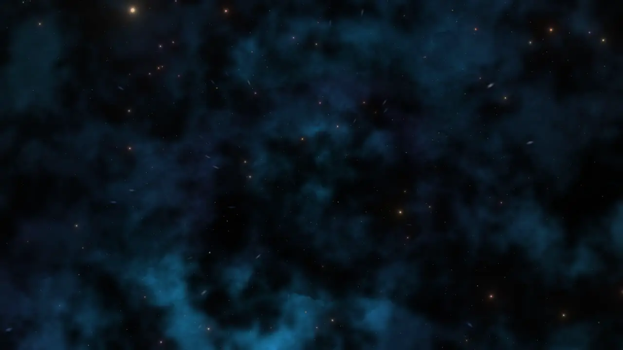 CGI universe zoom by of stars in vast dark blue dustlike nebula cloud in deep space wide view