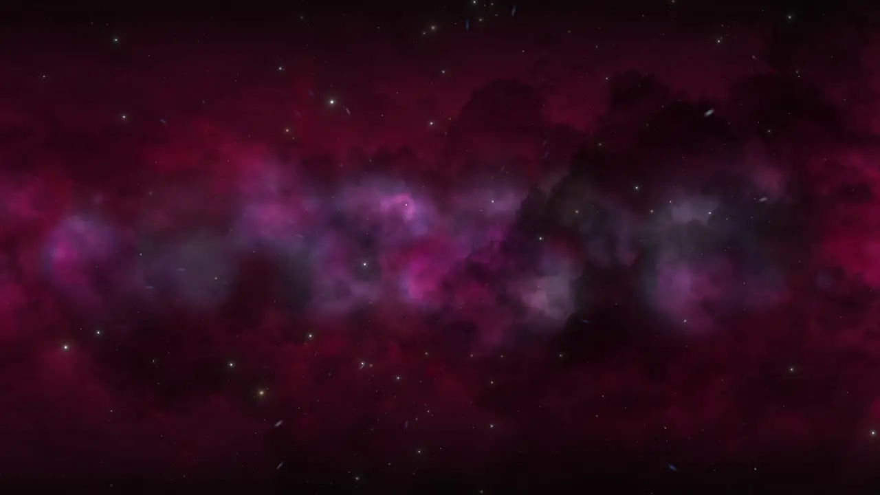 CGI universe zoom through of stars in striped deep red cloudy nebula in space wide view