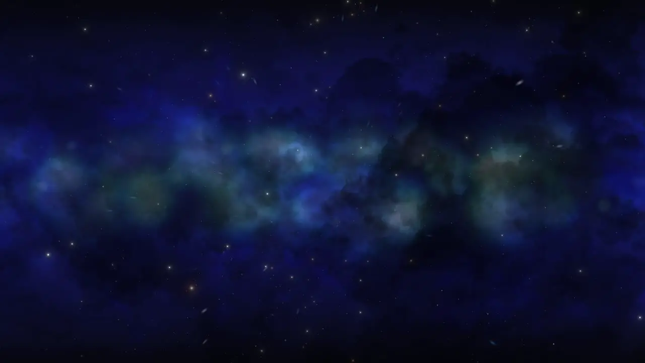 CGI universe zoom through of stars in striped deep blue cloudy nebula in space wide view