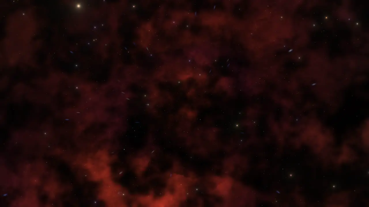 CGI universe zoom by of stars in vast dark red dustlike nebula cloud in deep space wide view