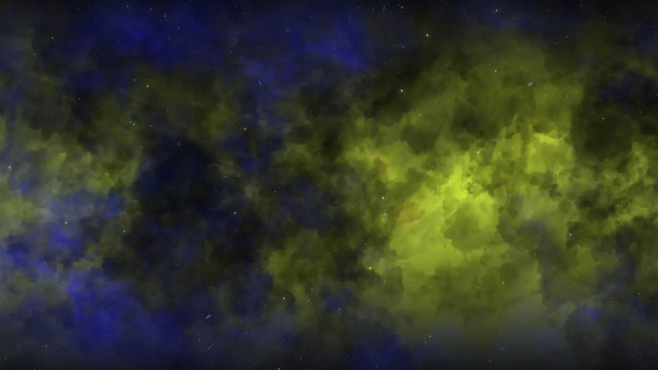 CGI universe zoom through of stars in blue yellow cloudy nebula in space wide view