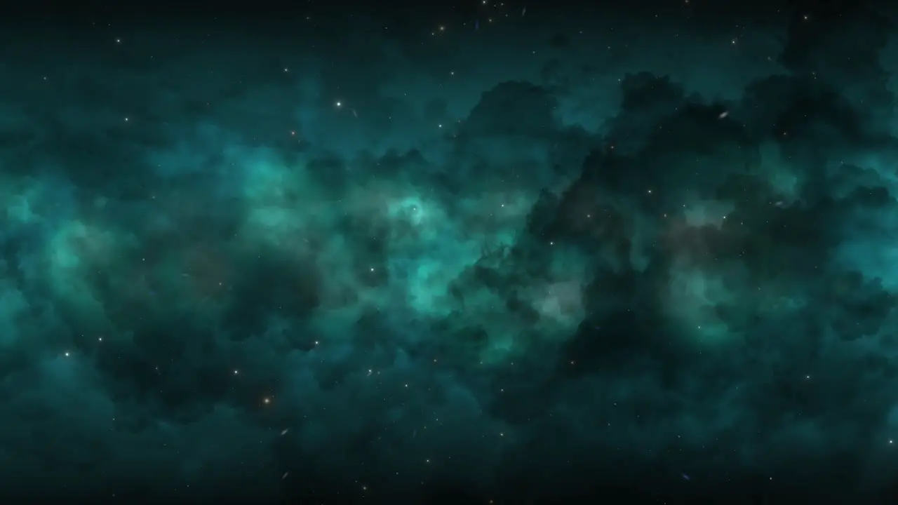 CGI universe zoom through of stars in striped light blue cloudy nebula in space wide view