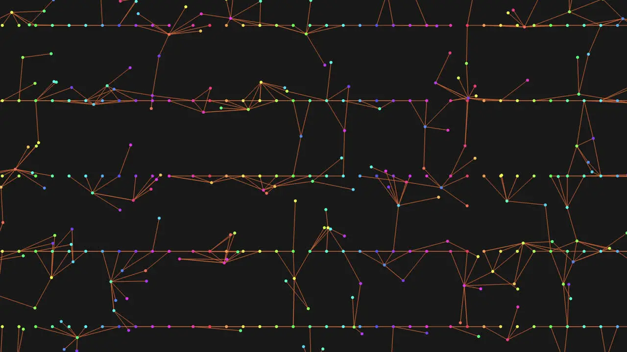 Vibrant symmetrical grid of yellow orange and red lines with white dots on black background