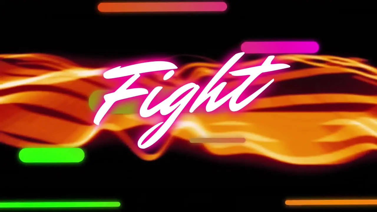 Animation of fight text in glowing pink over colourful lines and orange waves on black